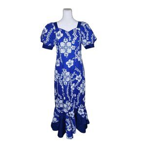 Vintage 80s Rainbow Hawaiian Ruffled Muumuu Dress Womens S Blue